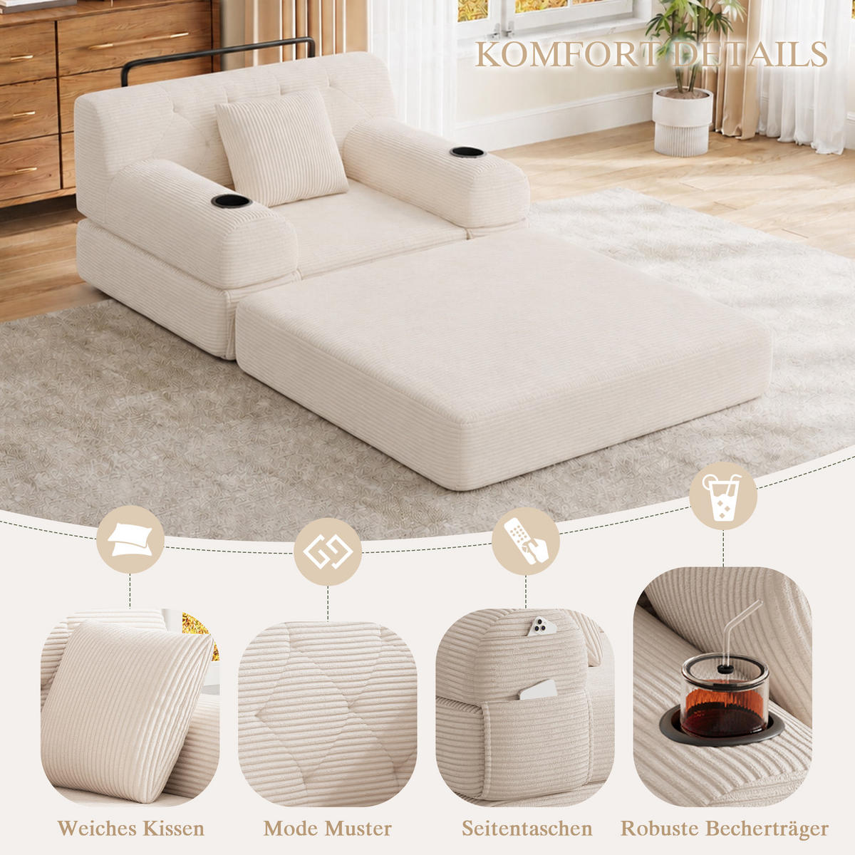 SCHLAFSESSEL Cord komprimiert, DE-42543, Beige - Beige, Metall (107/81/80cm) - ComfortXL