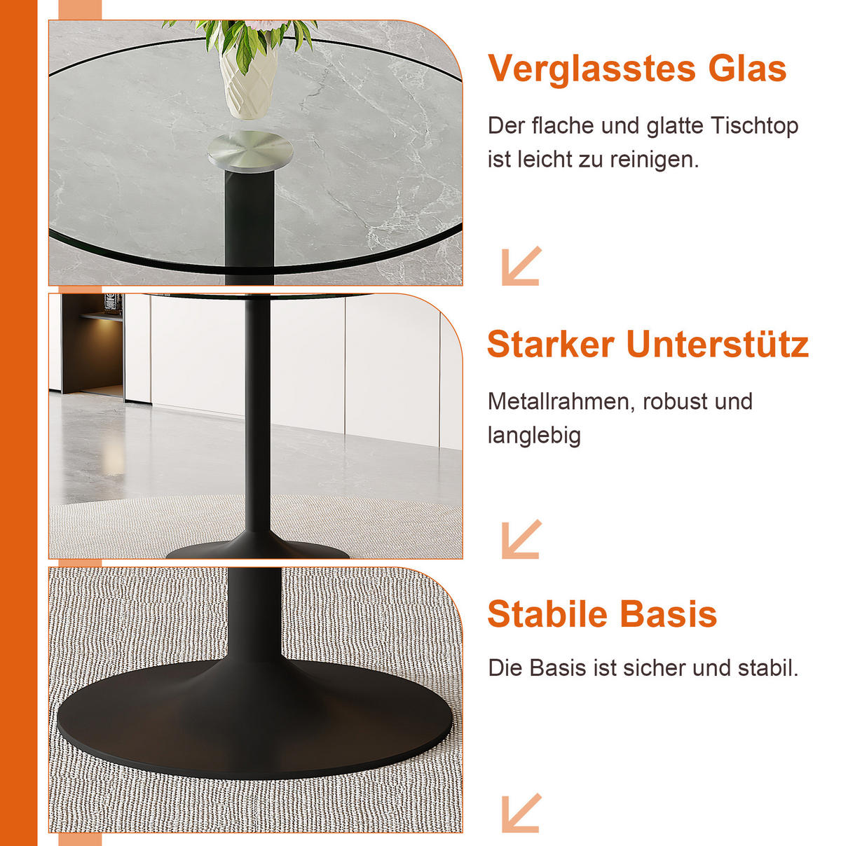 RUNDER Bartisch 89/89 cm, Höhe 92 cm mit Glasplatte und schwarzem Metallgestell - Schwarz, Holzwerkstoff (89/89/92cm) - BEAOK