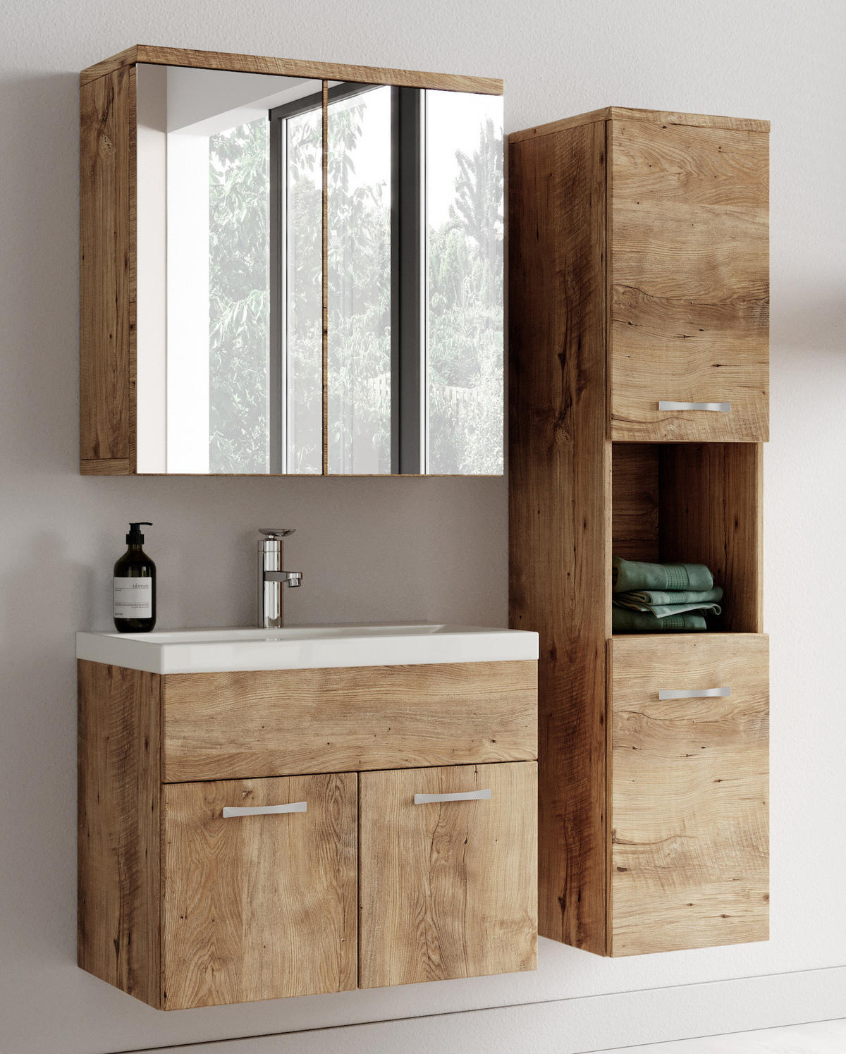 BADMÖBEL-SET Montreal 4 Teile Spiegelschrank Kastanien Eiche - 60 x 35 x 51 cm - Kastanienfarben/Eichefarben, Holz (60/51/35cm) - Badplaats