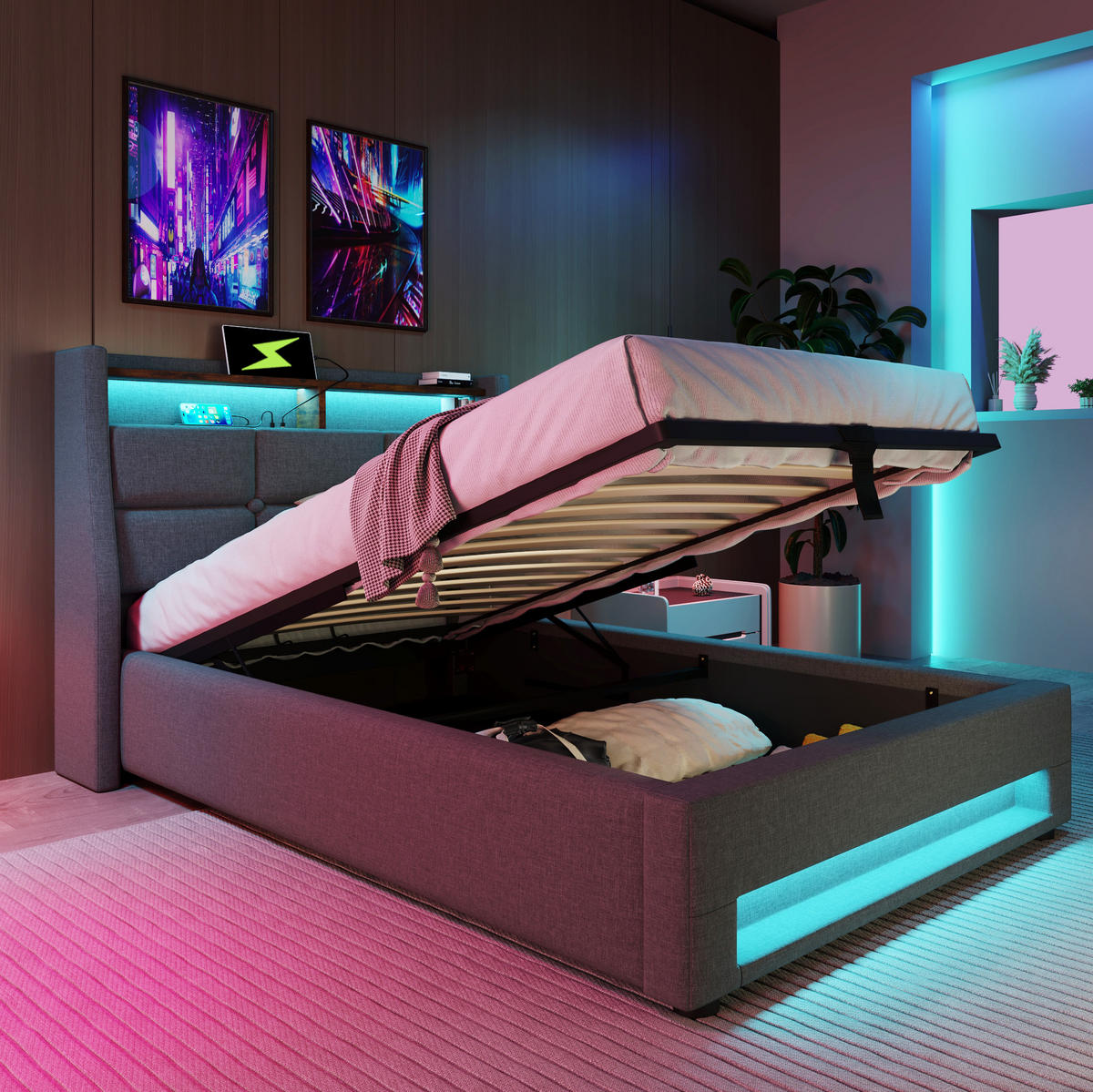 POLSTERBETT 90/200 cm aus Leinen mit LED USB und Matratze Grau - Grau, Textil (90/200cm) - Modenvie