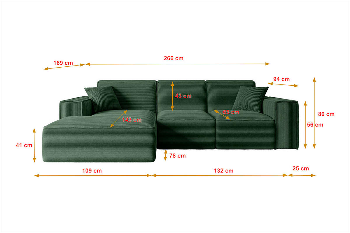 ECKSOFA Ottomane Rechts SERRA-L - 266x169x80 cm Braun Velours - Schwarz/Braun, Holzwerkstoff/Kunststoff (266/169cm) - ALTDECOR