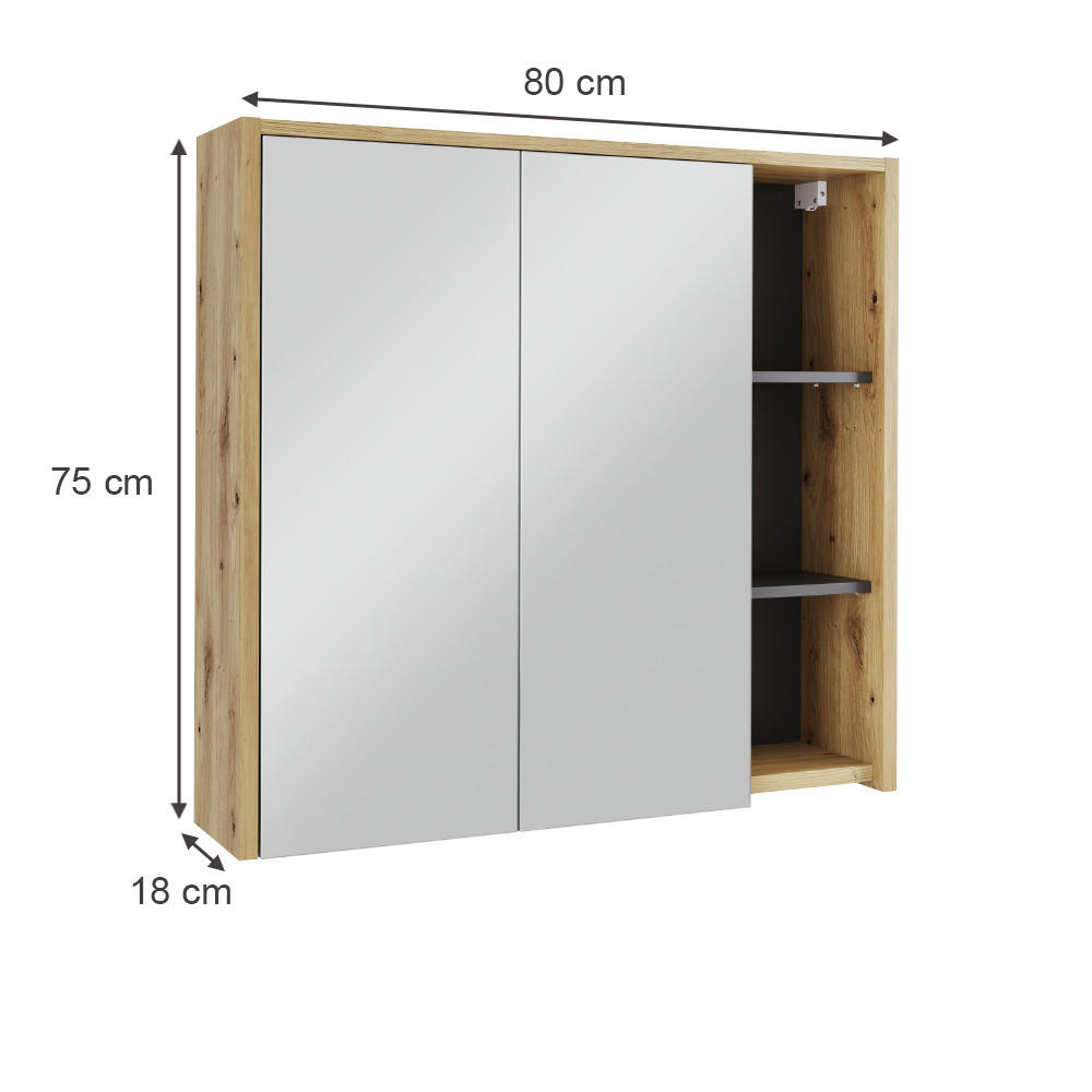 BADSPIEGELSCHRANK Viola Artisan/Grau 80 x 75 cm mit offenen Regalen - Hellgrau/Grau, Holzwerkstoff (80/75/18cm) - Vicco
