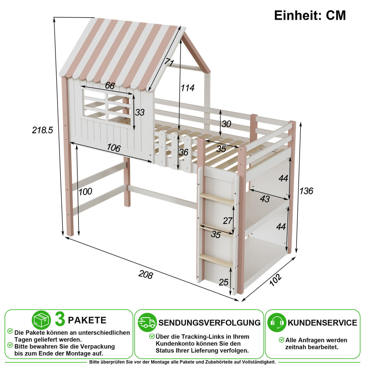 HOCHBETT 90/200 cm in Rosa mit Sicherheitsleiter und Stauraum im Hausdesign - Rosa, Holz/Holzwerkstoff (90/200cm) - CHICFURN