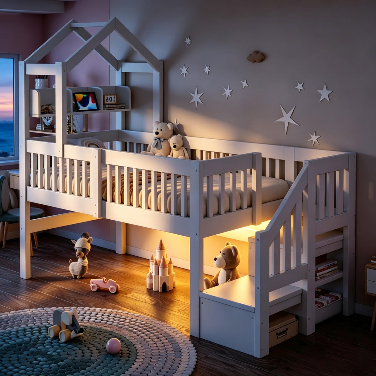 KINDER-HOCHBETT 90 x 200 cm mit Dach, USB und LED, Weiß - Weiß, Holz (90/200cm) - FLIEKS