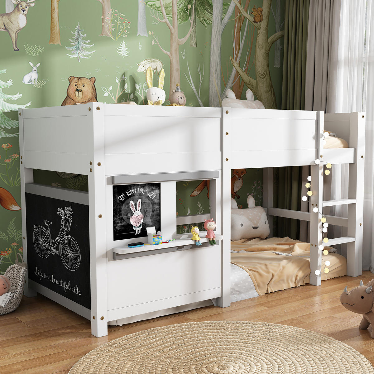 HAUSBETT 90/200 cm mit Tafel, Ablage, Treppe und Fallschutz , Weiß - Weiß, Holzwerkstoff (90/200cm) - Redom