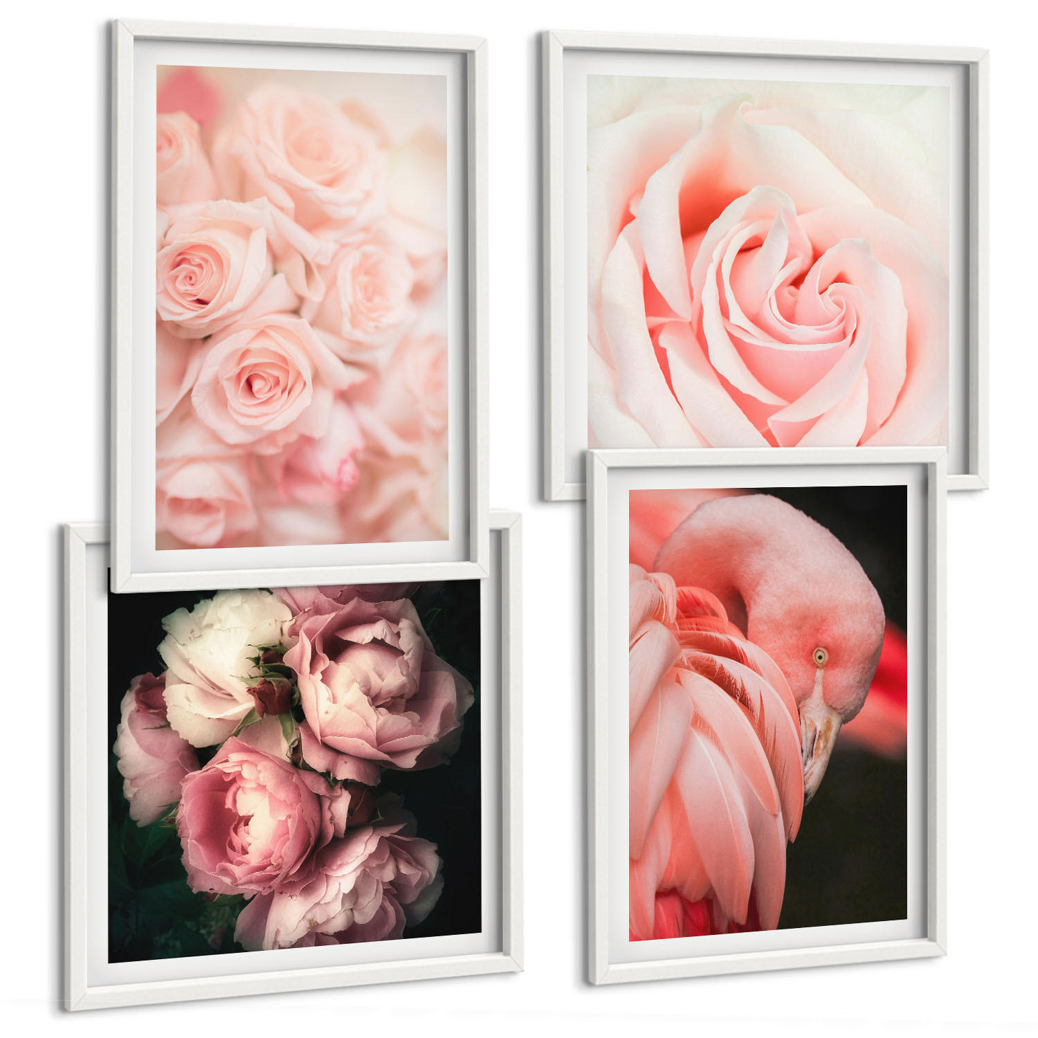 BILDER SET 4er Set - 50x50 cm & 40x60 cm Weißer Rahmen - Pastellrosa Flamingos - Weiß, Kunststoff (50/50cm) - TULUP