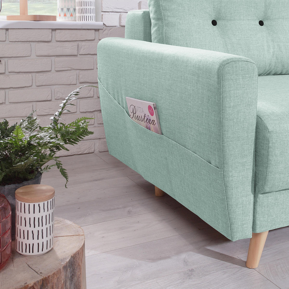 SESSEL - Webstoff - Hellbraun/Mintgrün, Holz/Textil (80/90/87cm) - home24