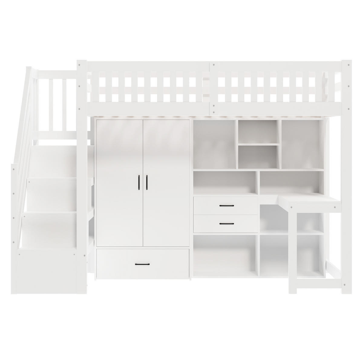 HOCHBETT 90/200 cm mit Schreibtisch, Ablageleiter, Kleiderschrank und Schubladen aus Kiefernholz, Weiß - Weiß, Holz (90/200cm) - Redom