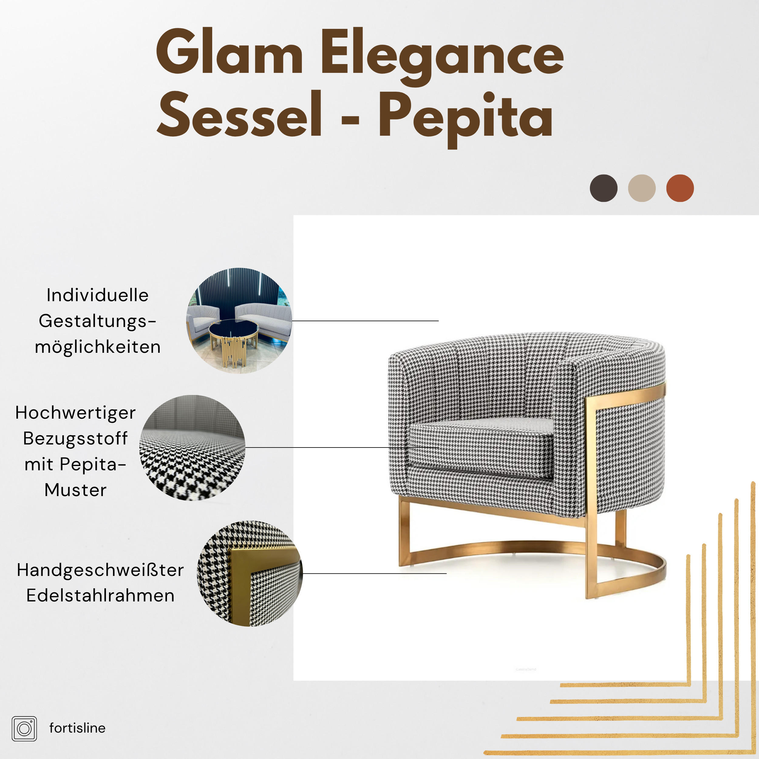 DESIGNSESSEL Sessel mit Edelstahlrahmen Modern Glamour – Pepitamuster - Silberfarben, Textil/Metall (75/71/68cm) - Fortisline