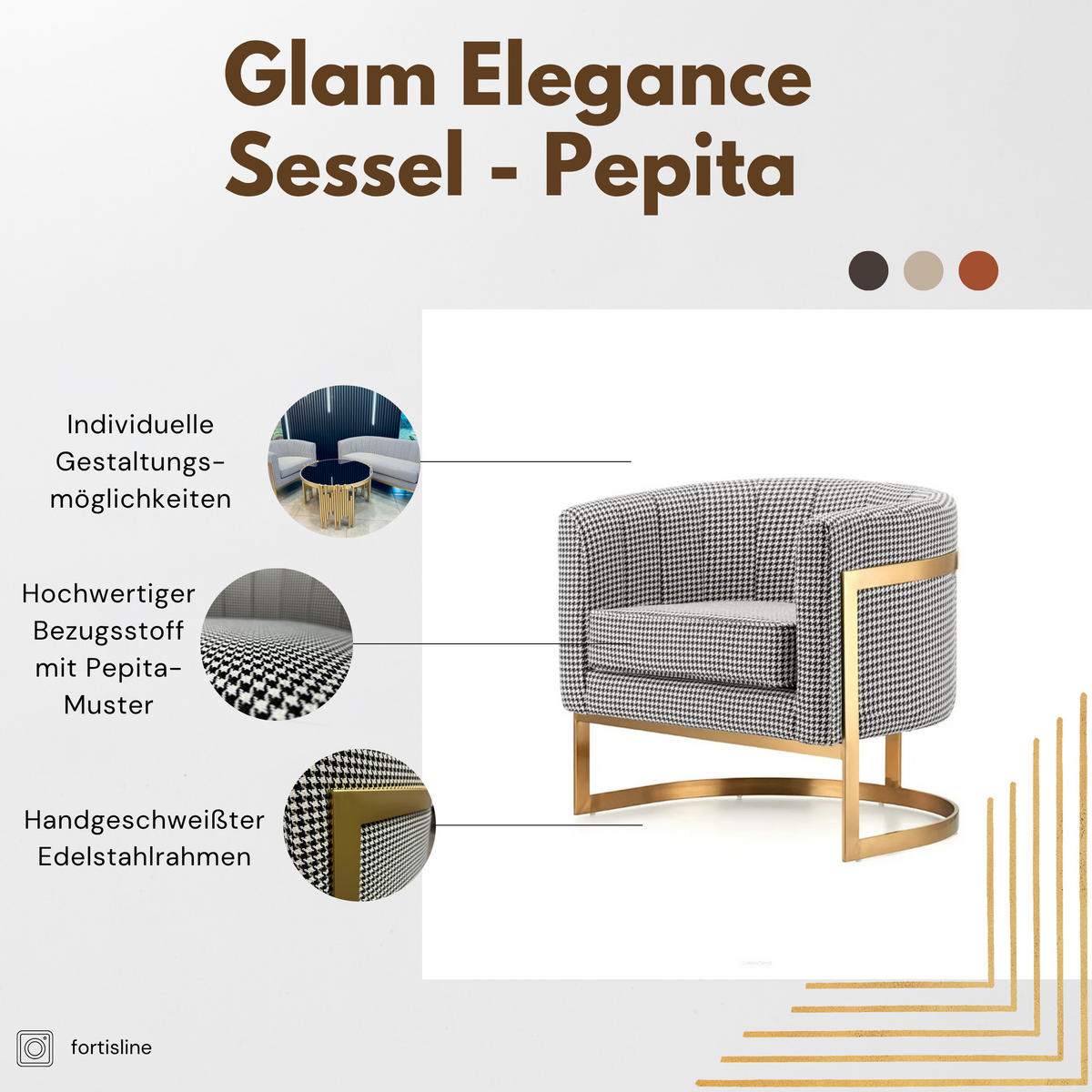 DESIGNSESSEL Sessel mit Edelstahlrahmen Modern Glamour – Pepitamuster - Silberfarben, Textil/Metall (75/71/68cm) - Fortisline
