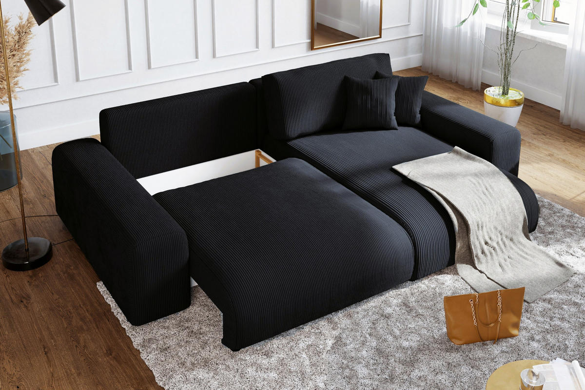 ECKSOFA mit Schlaffunktion, Bettkasten, Wellenunterfederung, seitenverkehrt montierbar B255/T165/H84 cm, Liegefl. 148x196 cm, Cord Schwarz/ 21008 - Schwarz, Kunststoff/Textil (255/165cm) - luma-home
