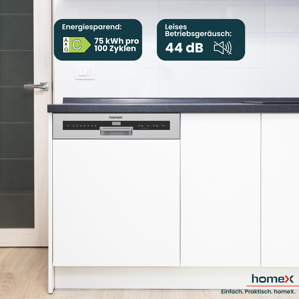 GESCHIRRSPÜLER teilintegrierbar 60 cm, Einbau Spülmaschine - 14 Maßgedecke, 7 Programme, AquaStop, 44 dB - Silberfarben, Kunststoff/Metall (59.8/81.5/57cm) - homeX