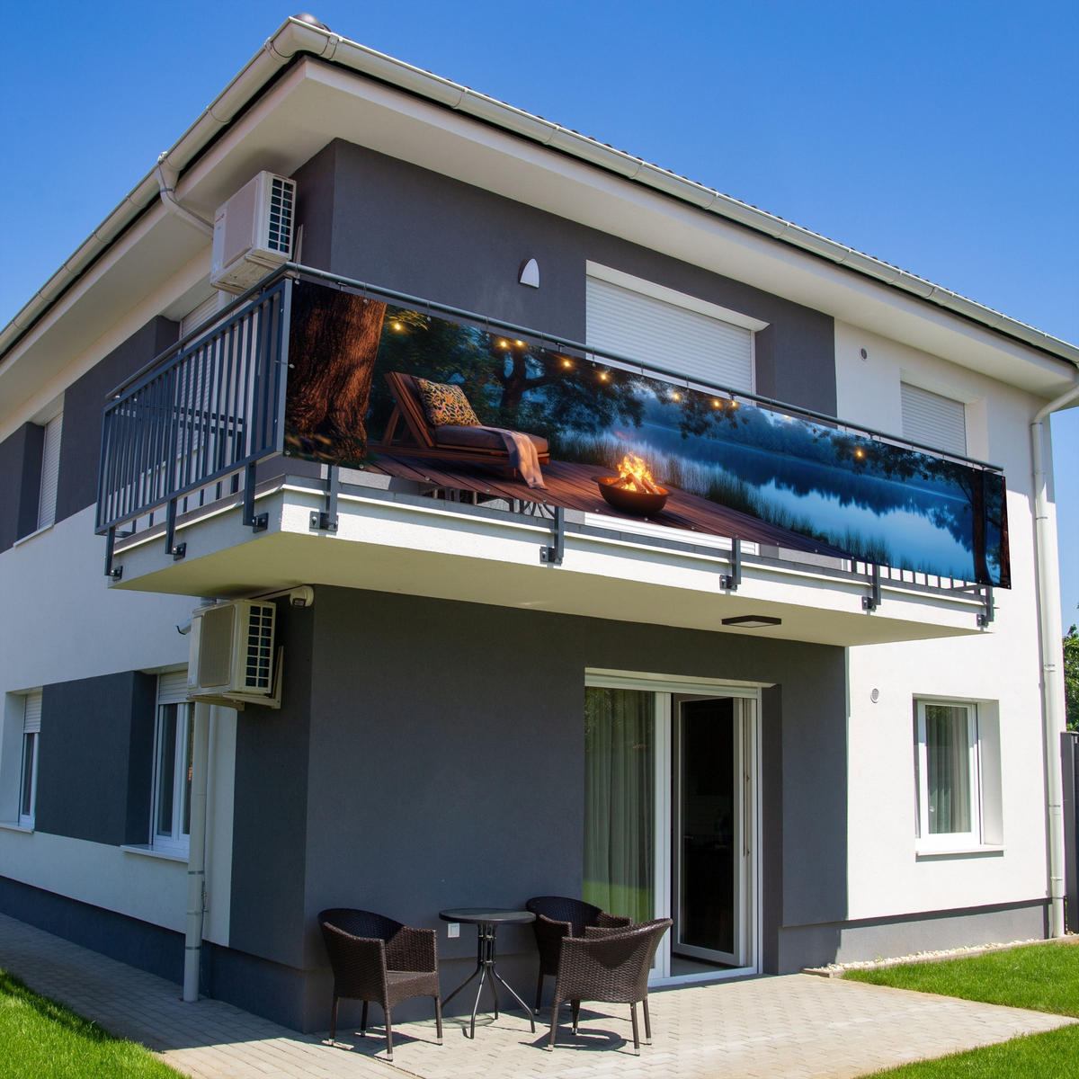 BALKON-SICHTSCHUTZ Lagerfeuer - See - Abendlicht - Dunkelblau, Kunststoff (500/100cm) - MuchoWow