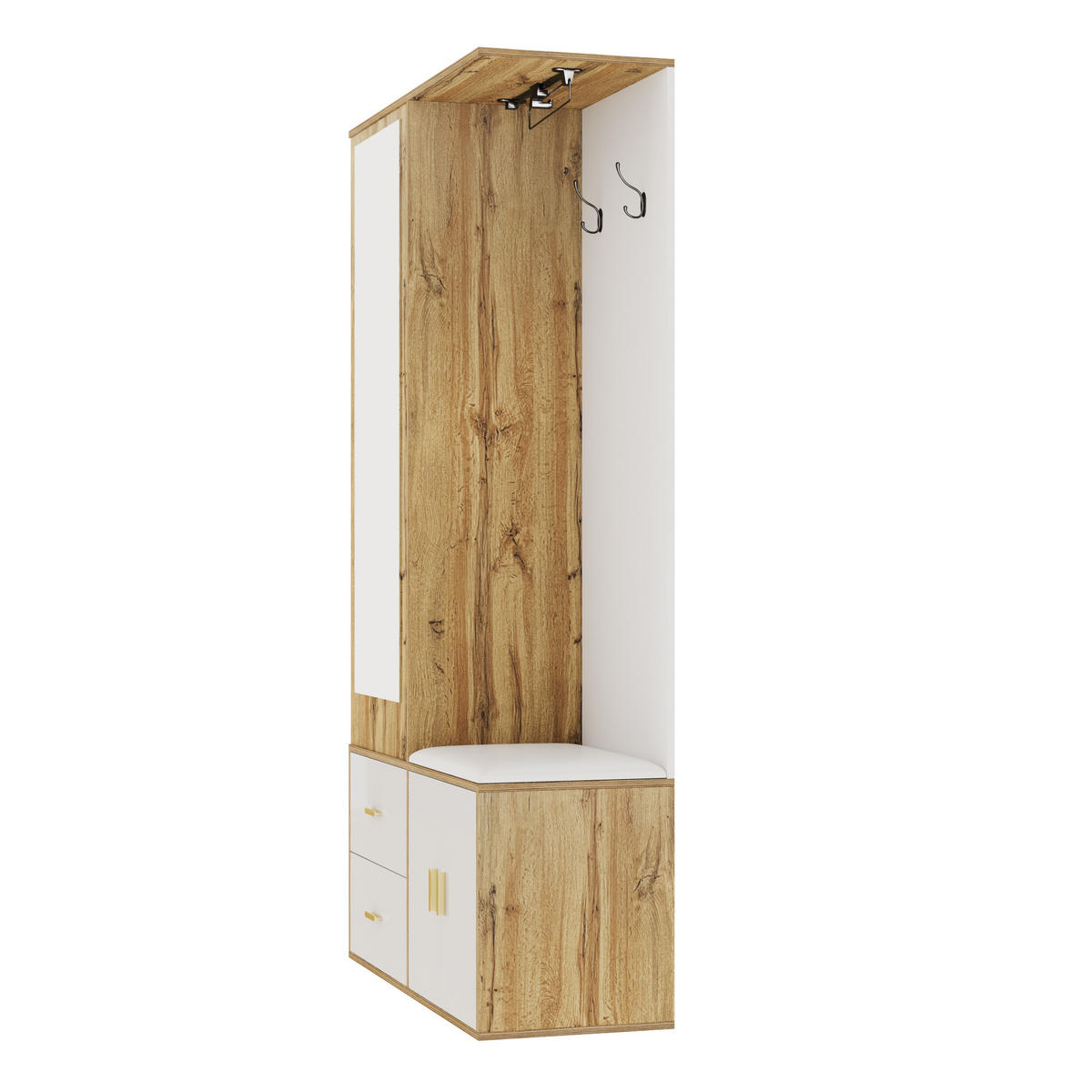 GARDEROBE Flurgarderobe Spiegel Sitzbank Schuhschrank mit Haken ausziehbar Stauraum Weiß Holz - Weiß/Naturfarben, Glas/Holzwerkstoff (100/180/38cm) - EVRYAE