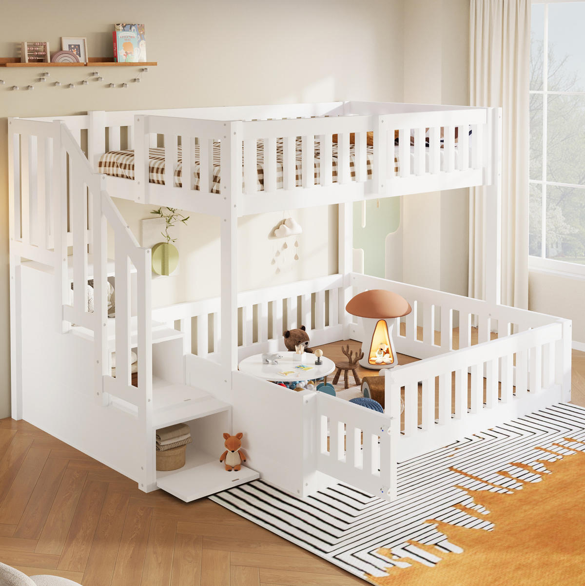 ETAGENBETT aus Kiefernholz und MDF 90x200/140x200 cm Weiß mit Stauraumtreppe - Weiß, Holzwerkstoff (90/200cm) - Modfu