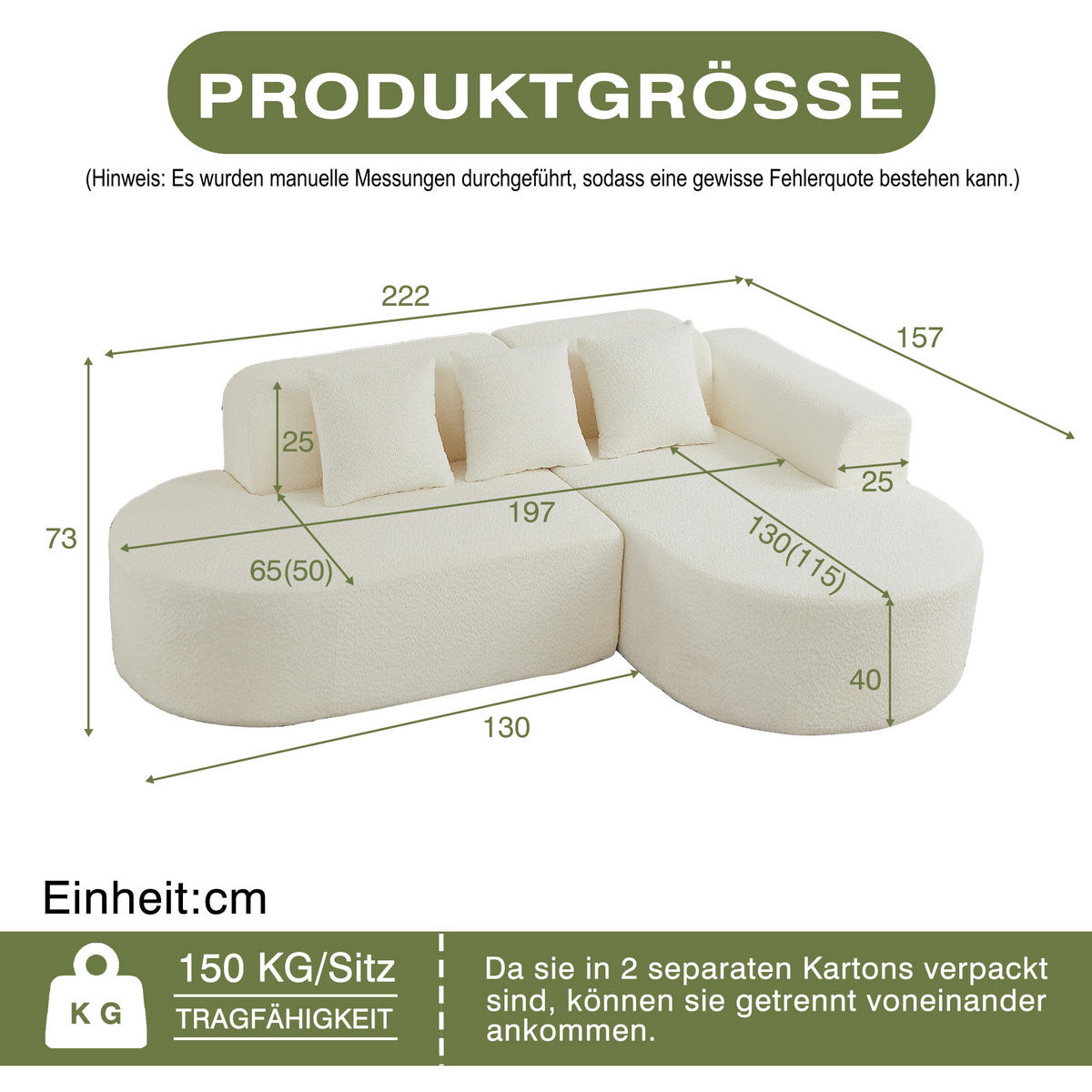 ECKSOFA 222/157/73 cm Beige Chenille mit 3 Kissen (Rechte Seite) - Creme, Textil (157/222cm) - Oxeza