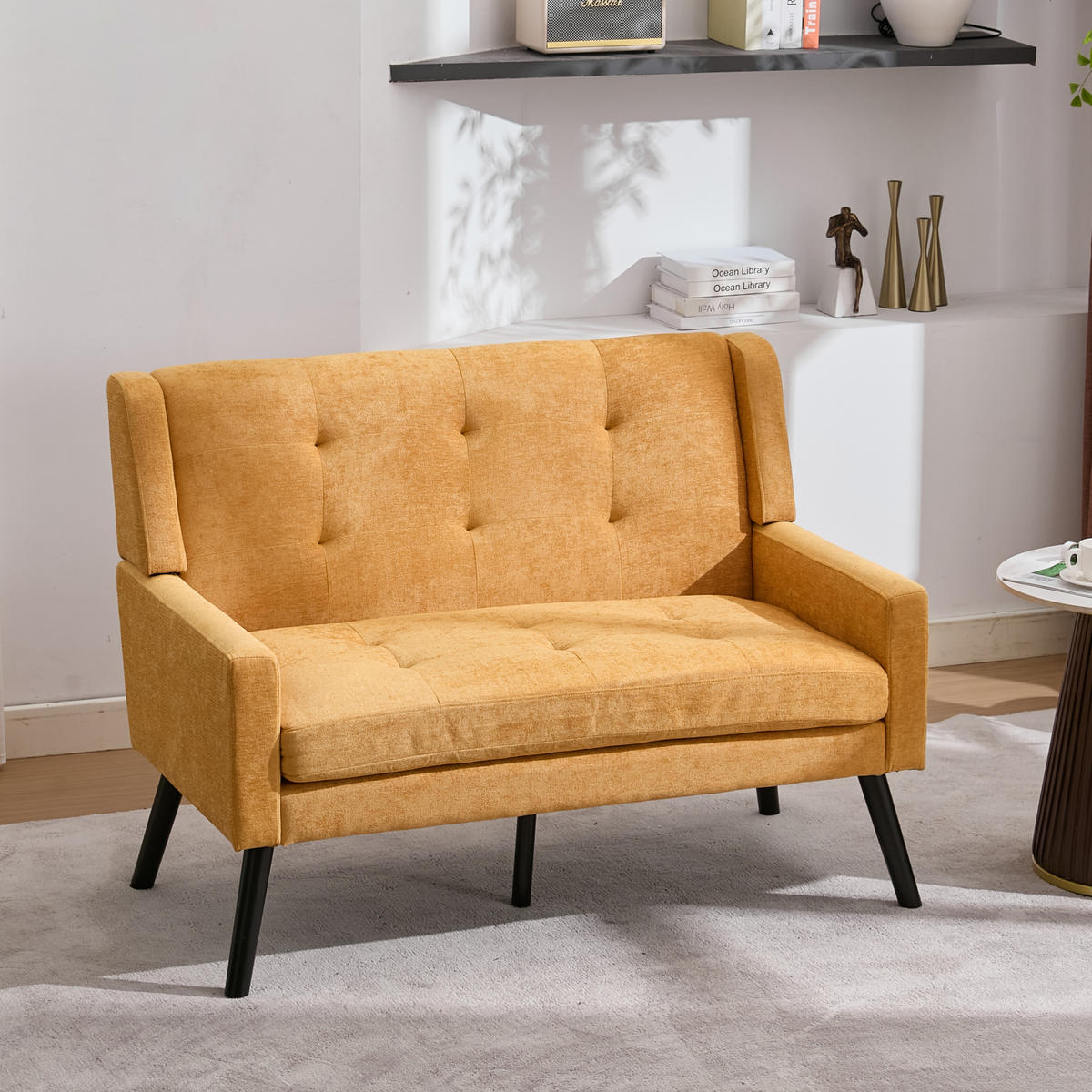 SITZBANK 2-Sitzer Leinenbezug mit Tufting, Massivholzbeinen 119/75/88 cm Gelb - Gelb, Textil (75/88/119cm) - Redom