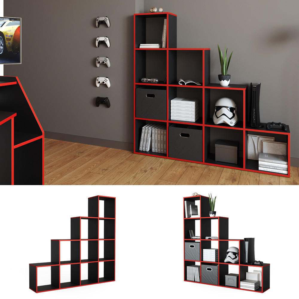 Thumbnail - Vicco Treppenregal, Schwarz, Rot, Holzwerkstoff, 10 Fächer, Rechteckig, 142.5x140x29 cm, Wohnzimmer, Raumteiler & Parave...