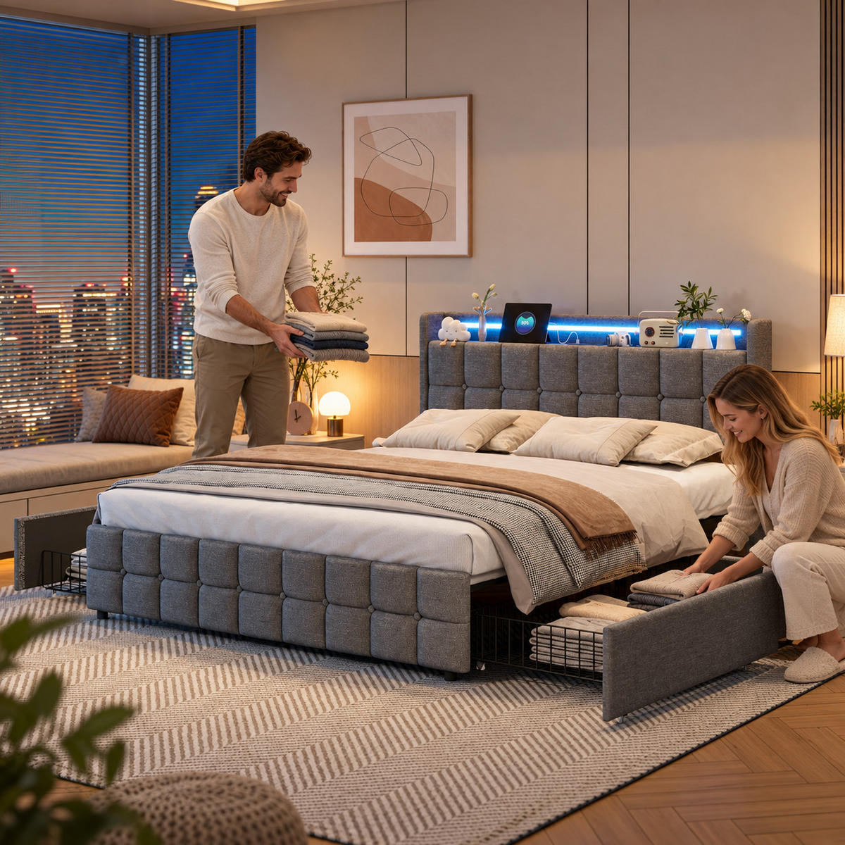 POLSTERBETT 160/200 cm mit Ladestation und 4 Schubladen, Doppelbett Grau,ohne Matratze - Naturfarben/Grau, Holz/Textil (160/200cm) - PARAFTA HOME