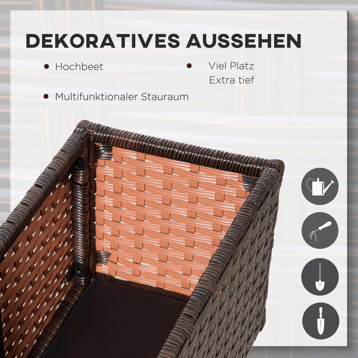 HOCHBEET, Poly Rattan, Kaffee-Braun - Braun, Metall (31/36/94.5cm) - Outsunny