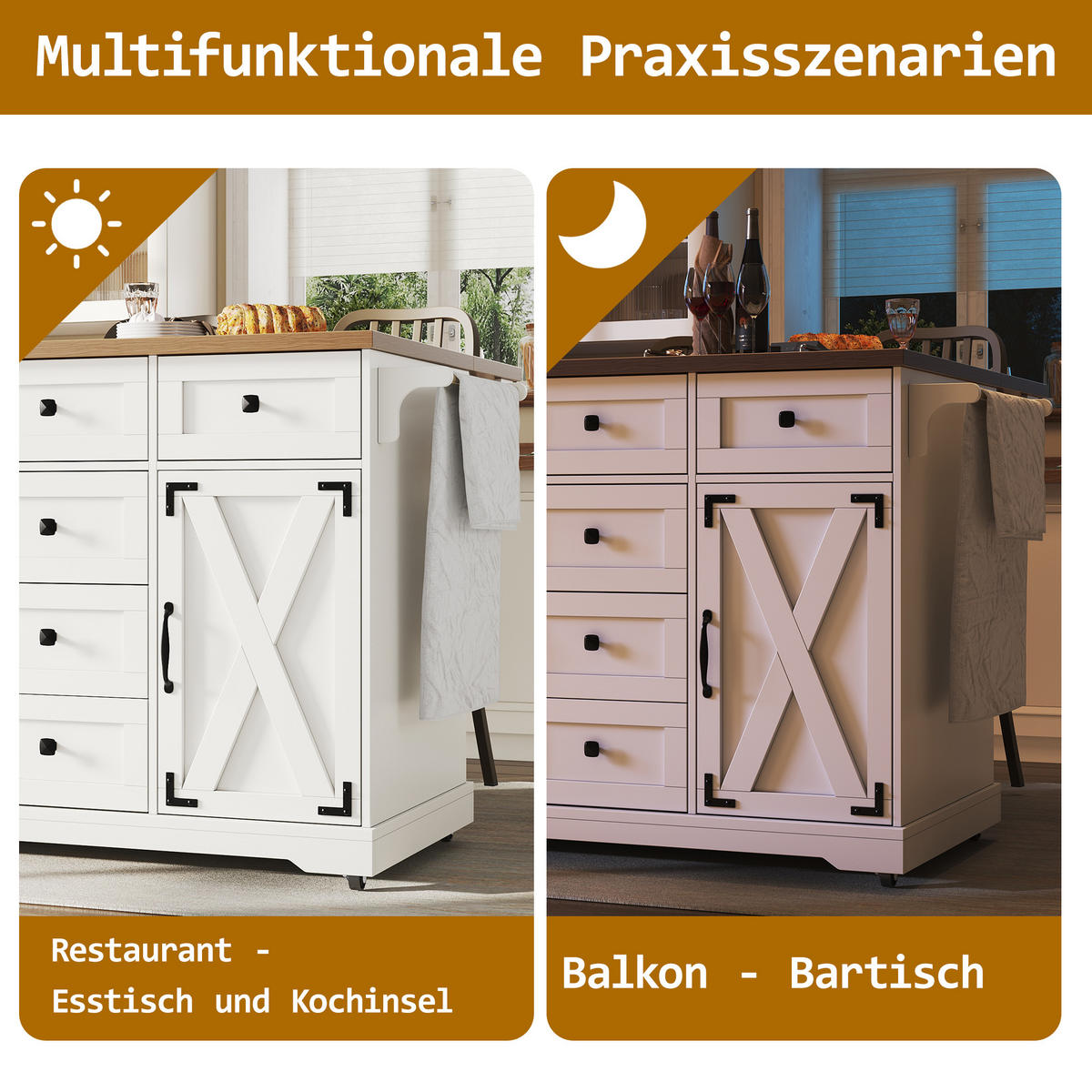 KLAPP-SERVIERWAGEN Kücheninsel faltbar 147x44-70x93cm Weiß aus Metall und MDF - Weiß, Holzwerkstoff (147/93/70cm) - Modfu