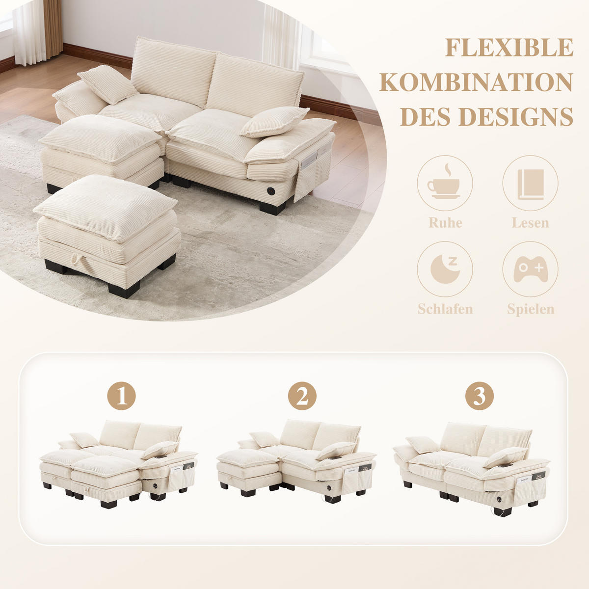 2-SITZER SOFA Cord Beige mit USB-C und Seitentaschen - Beige, Holzwerkstoff/Kunststoff (190/84/132cm) - WISHDOR