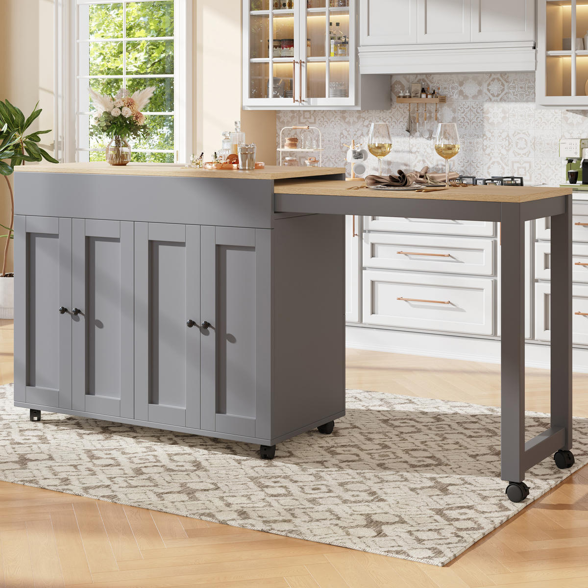KUCHYŇSKÝ OSTRŮVEK v šedé barvě s rozkládací deskou a úložným prostorem, 118-180×50×94 cm - šedá, kompozitní dřevo (118/94/50cm) - STILVORA