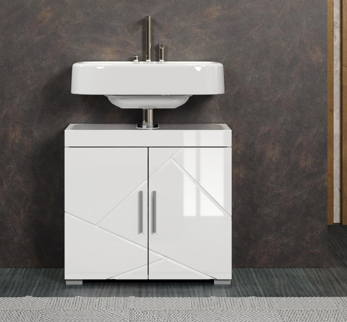 WASCHBECKENUNTERSCHRANK weiß Hochglanz 60 cm, Badschrank 2-türig - Weiß Hochglanz/Alufarben, Holzwerkstoff/Kunststoff (60/56/34cm) - Top.Furn