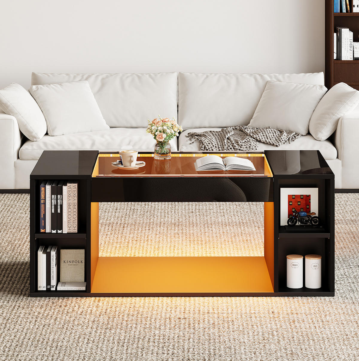 COUCHTISCH 100/50/40 cm mit LED-Beleuchtung, offener Ablage und Glasplatte, Schwarz - Schwarz, Holzwerkstoff (100/50/40cm) - Redom