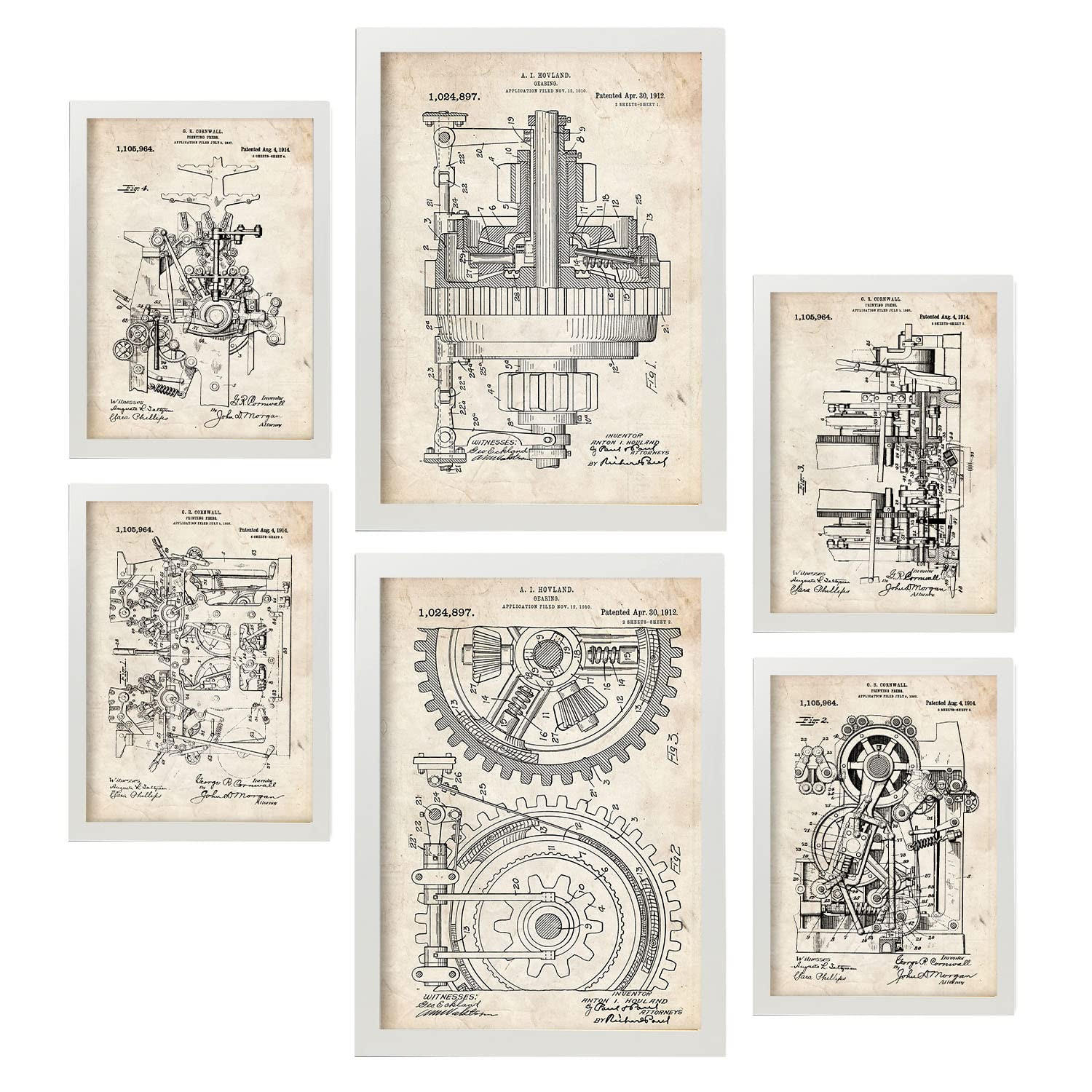 POSTER Set Mit 6 Plakaten Mit Maschinen Patenten Im Vintage Stil A3 & A4 Weißer Rahmen - Weiß, Papier (29/3cm) - Nacnic