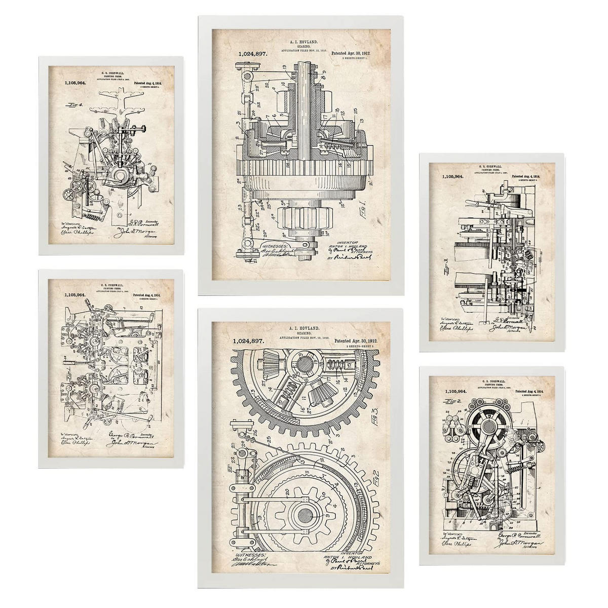POSTER Set Mit 6 Plakaten Mit Maschinen Patenten Im Vintage Stil A3 & A4 Weißer Rahmen - Weiß, Papier (29/3cm) - Nacnic