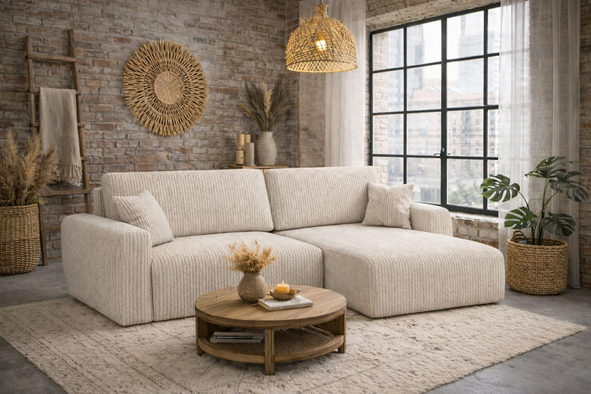 ECKSOFA Mit Schlaffunktion, Ariel XL, Velours, Stoff Salvador, Beige, Rechts - Beige, Holz (280/142cm) - Kaiser Möbel