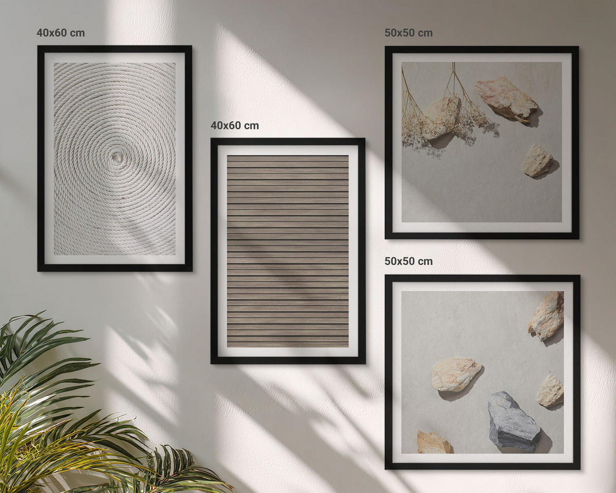 WANDBILDER 4er-Set - 50x50 cm & 40x60 cm Schwarzer Rahmen - Natürliche Texturen Holz Steine - Schwarz, Kunststoff (50/50cm) - ArtPrintCave
