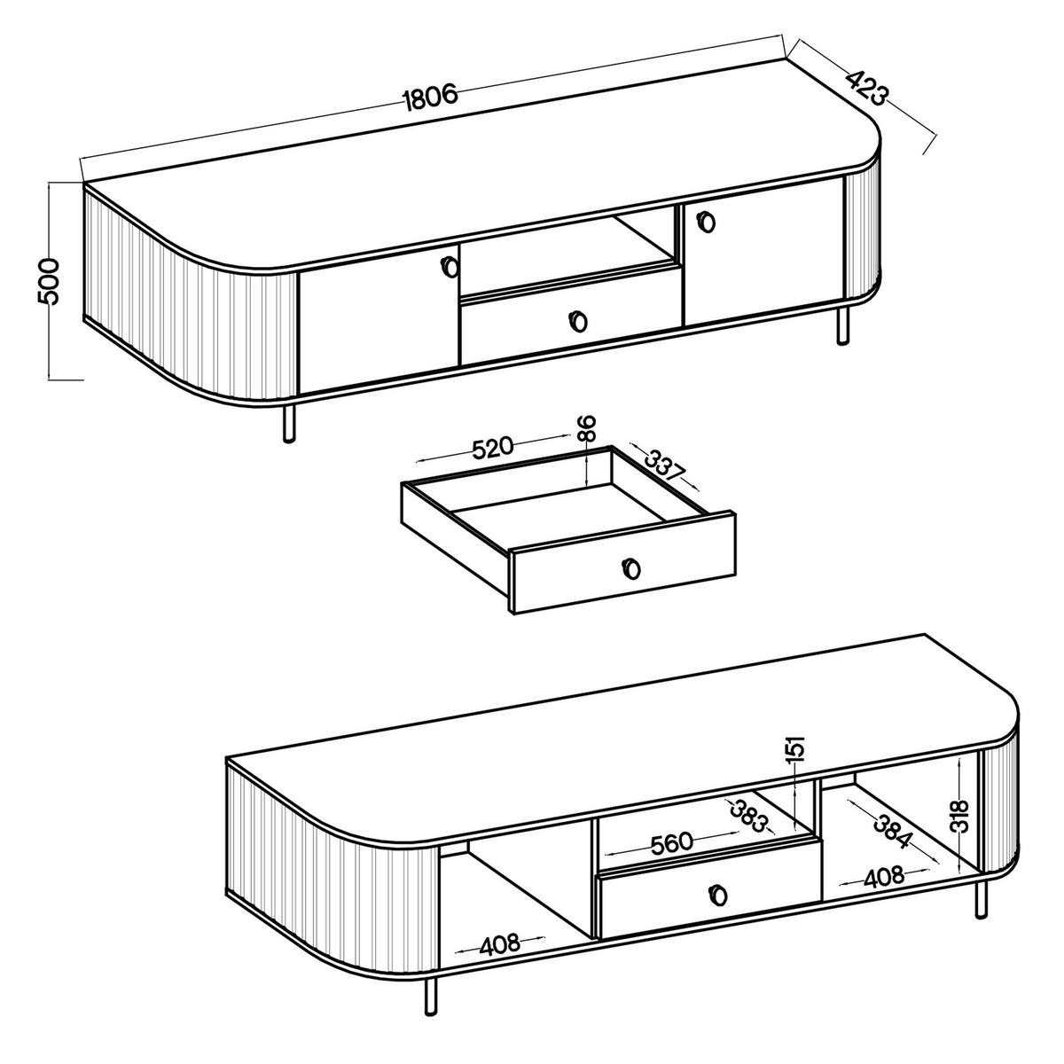 LOWBOARD Halay Eiche Cremona, 2 Türen & 1 Schublade Moderne Rillenstruktur 180,6 cm - Eichefarben/Schwarz, Holzwerkstoff/Metall (180.6/50/42.3cm) - AX Living