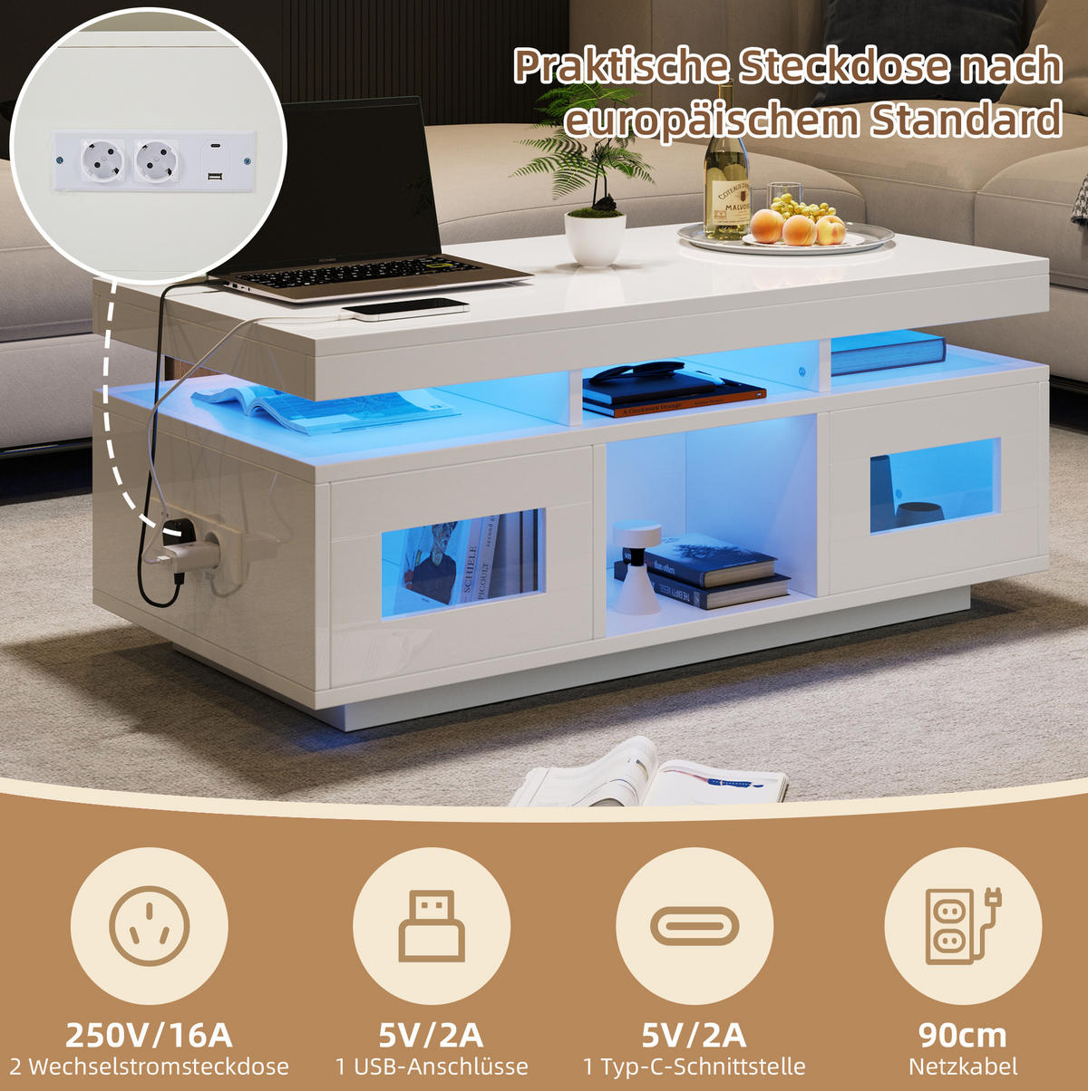COUCHTISCH aus Spanplatte 100x50x43 cm in Weiß mit LED-Beleuchtung & Steckdose - Weiß, Holzwerkstoff (100/50/43cm) - Modfu