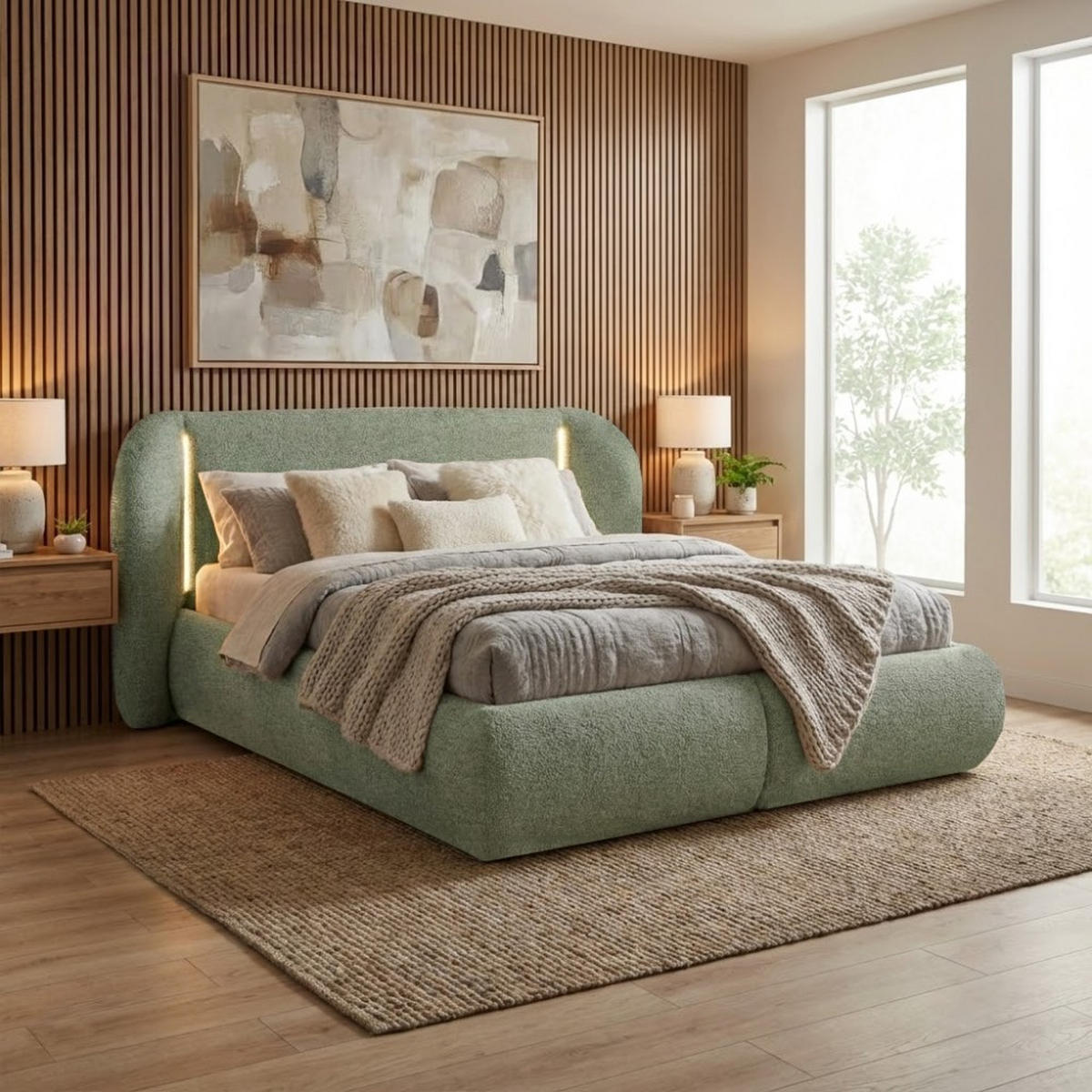 POLSTERBETT Corfu mit LED-Beleuchtung, mit Bettkasten, rundliche Formen, 140x200, Grün - Grün, Textil/Metall (140/200cm) - Beautysofa