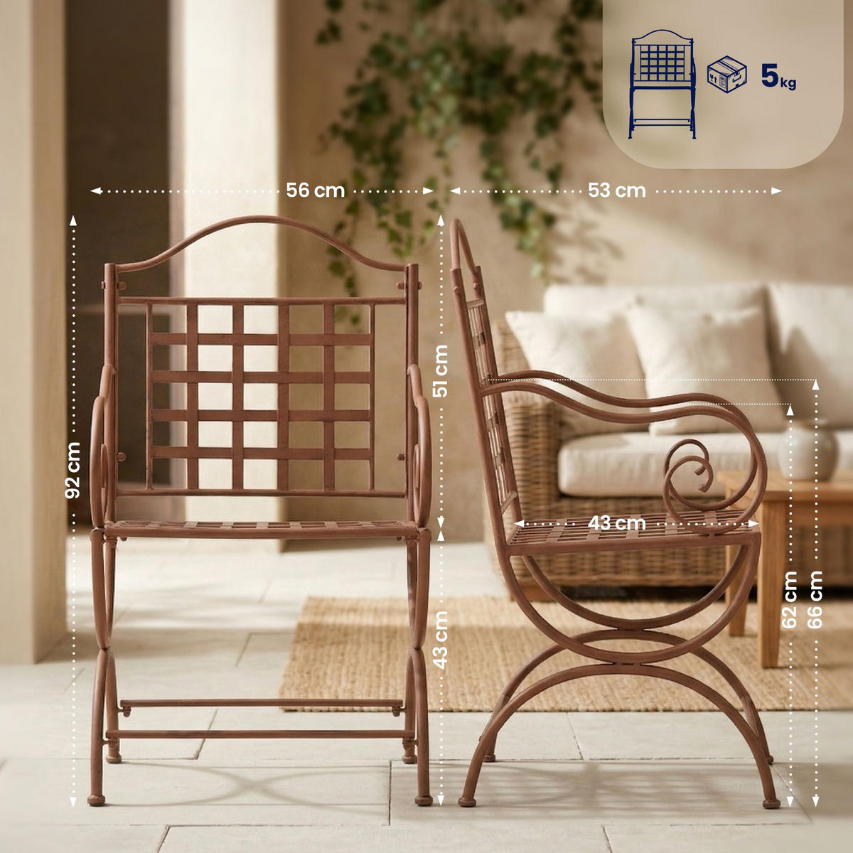 GARTENSTUHL Metall Antik Braun - Braun, Metall (56/92/53cm) - CLP