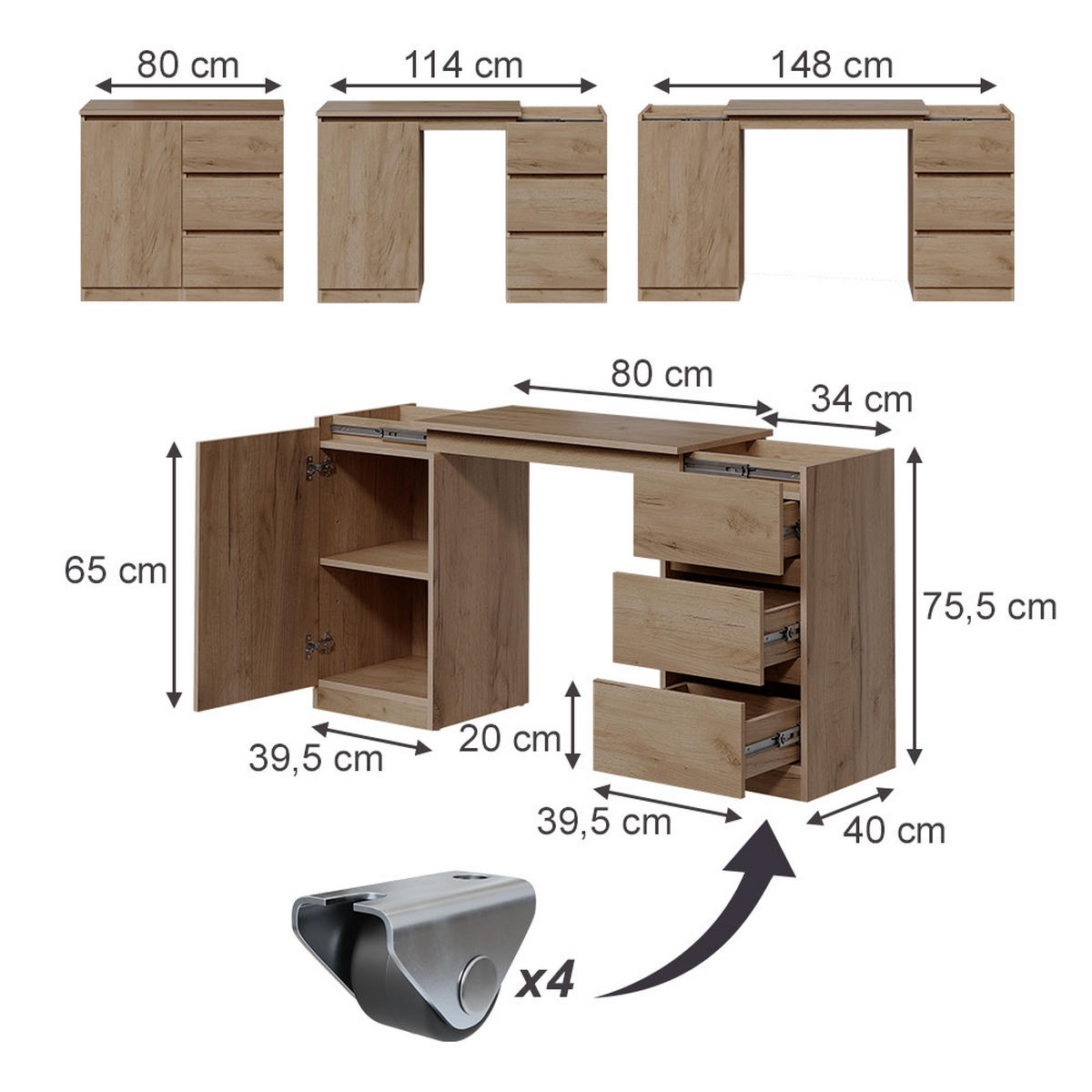KOMMODE MIT SCHREIBTISCHFUNKTION Varino, Goldkraft Eiche, 80 x 75.5 cm ausziehbar - Honigeiche, Holzwerkstoff (80/75.5/40cm) - Vicco