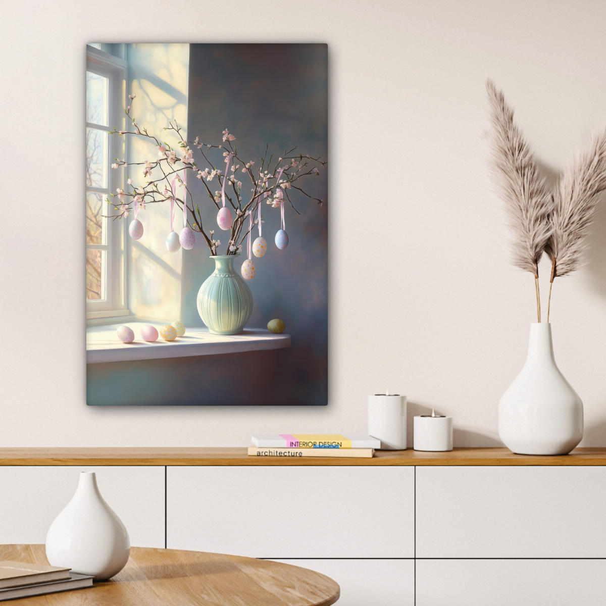 LEINWANDBILD Stillleben - Vase - Osterzweig Wanddeko Schlafzimmer 60x90 cm - Hellblau, Textil (60/90cm) - MuchoWow