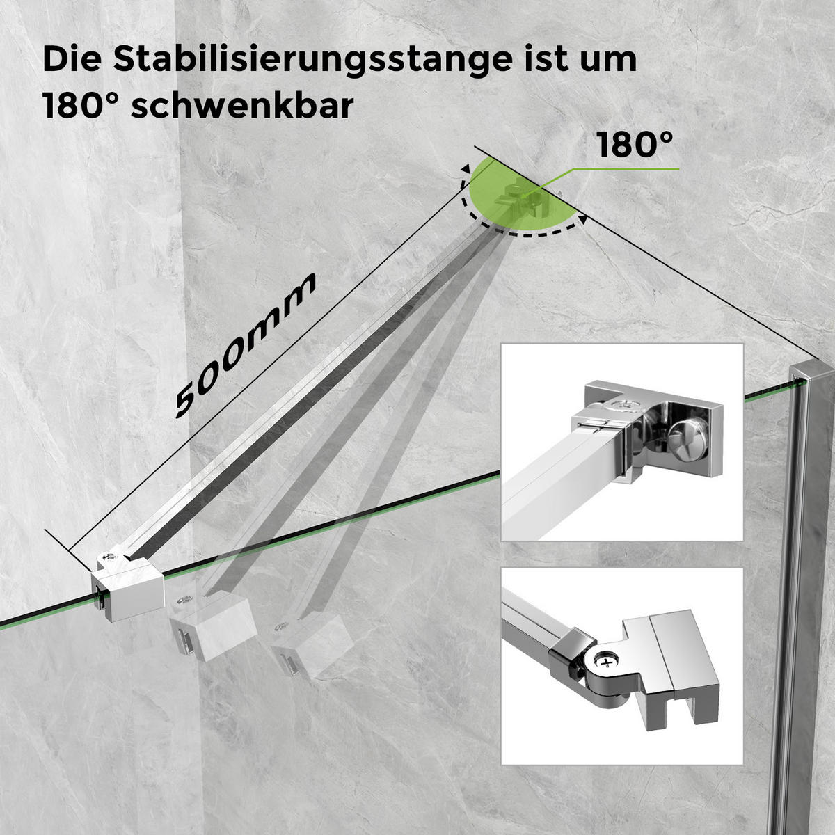 STABILISIERUNGSSTANGE 50 cm für Duschwand aus Aluminium 6–8 mm mit 180°-Gelenk - Chromfarben, Metall (4.2/50cm) - S'AFIELINA