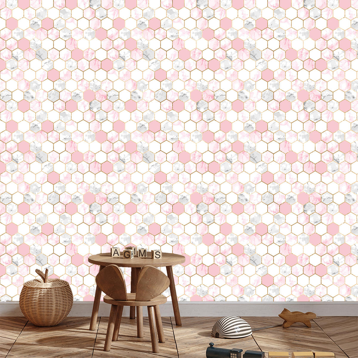VLIESTAPETE Hexagon-Mosaik in Marmoroptik – Rosa, Weiß, Grau – 50x1000 cm - Rosa/Weiß, Papier (50/1000cm) - Muralo