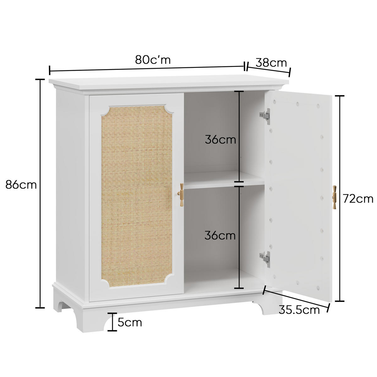 SIDEBOARD DE-38842 80/38/86 cm 2 Rattantüren und verstellbare Böden Natur - Weiß, Holzwerkstoff (80/86/38cm) - ComfortXL
