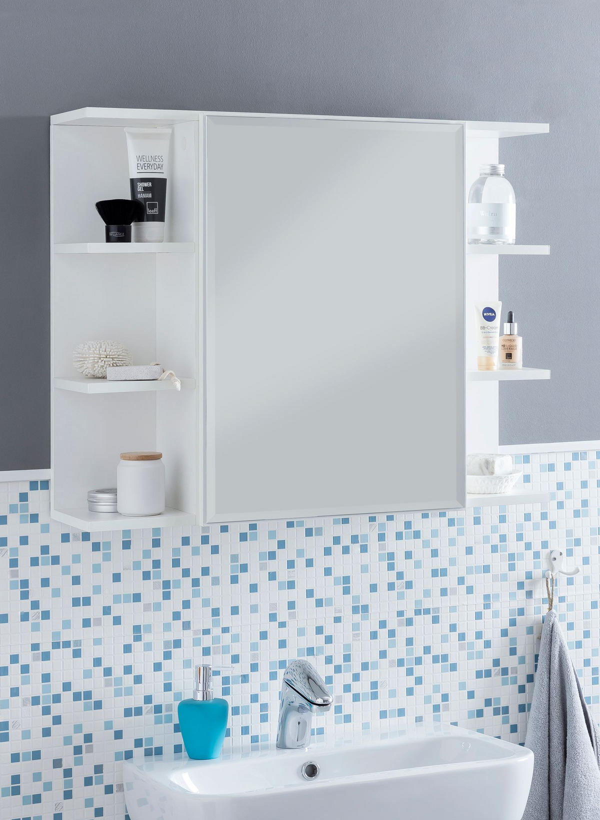 HÄNGESCHRANK Weiß aus Spanplatte mit Spiegel und seitlichen Ablagen 80x64,5x20 cm - Weiß, Holz (80/65/20cm) - KADIMA DESIGN