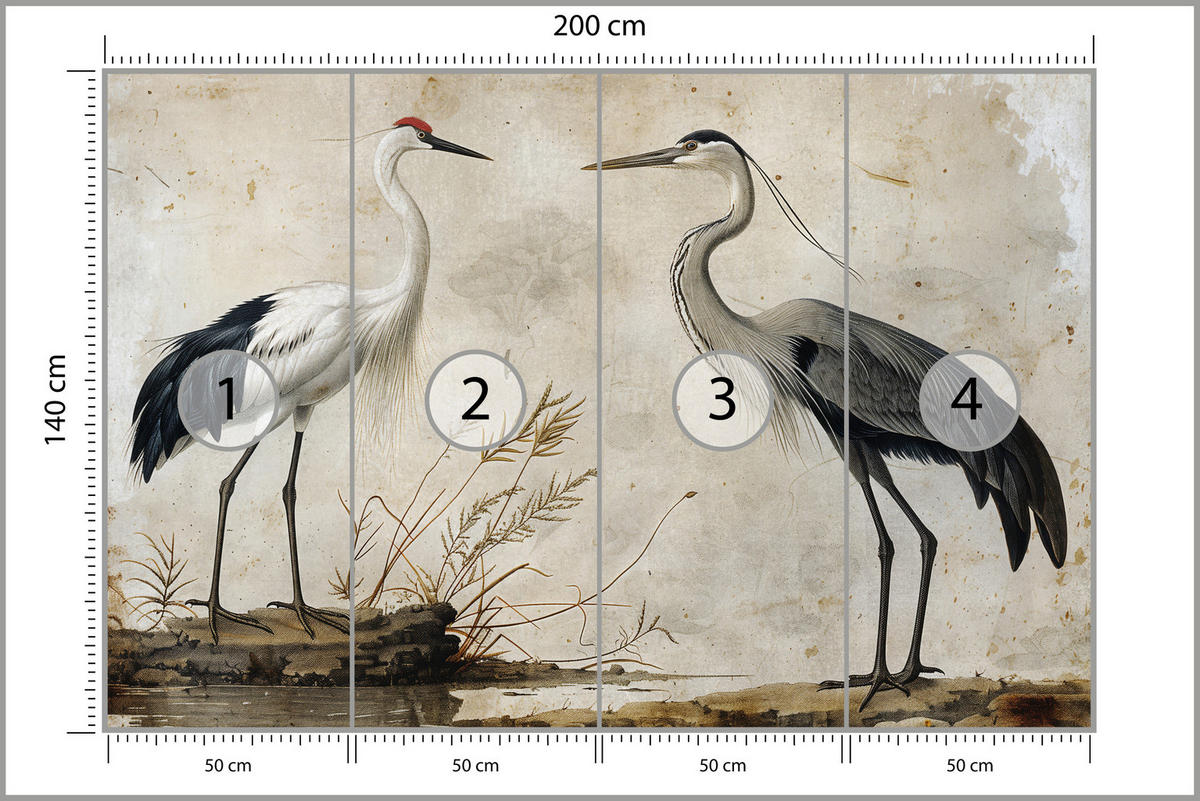 FOTOTAPETE Vögel Vögel Kranich Reiher Retro Stil 200x140 - Beige/Rot, Papier (200/140cm) - Muralo