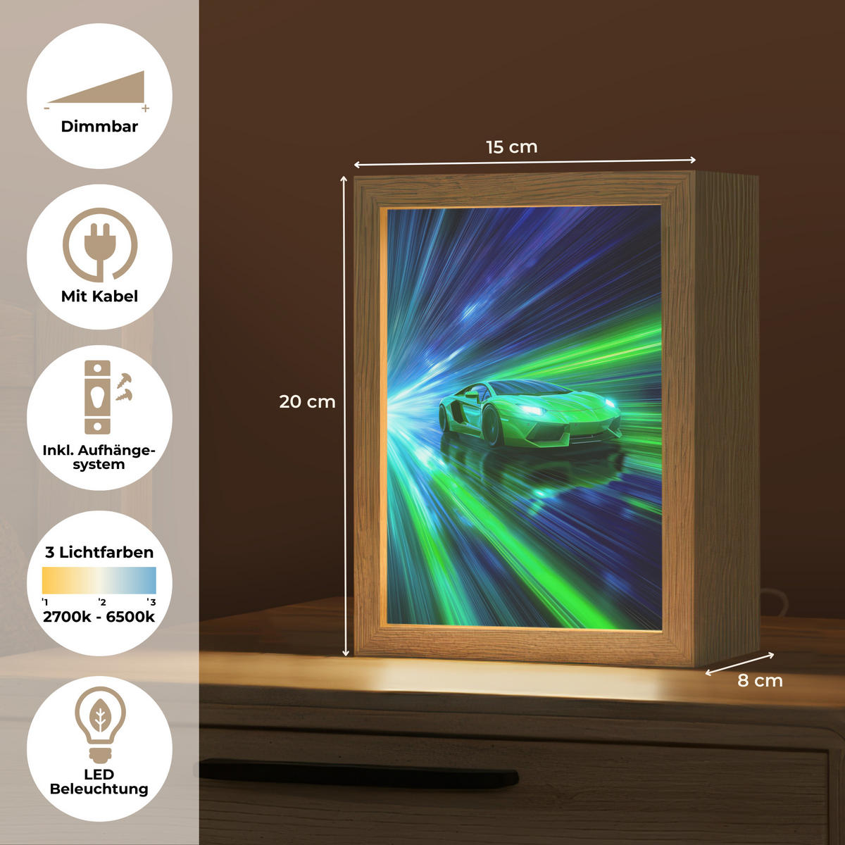 NACHTTISCHLAMPE Geschwindigkeit - Leicht - Sportwagen - Grün 15x20 cm - Grün, Holzwerkstoff (8/15/20cm)