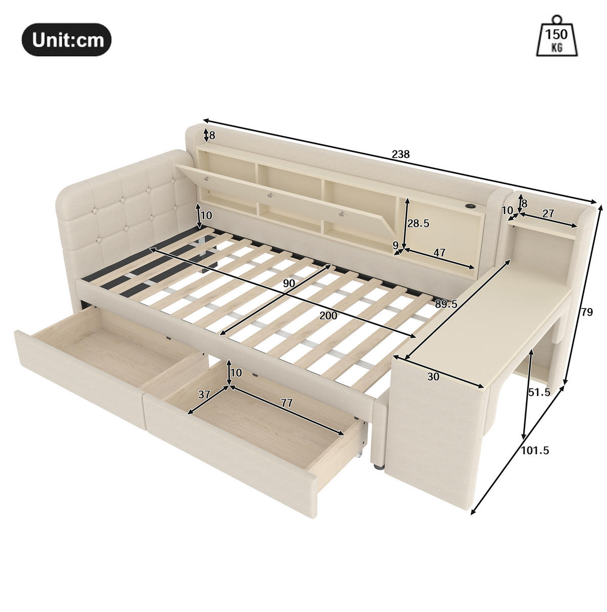 POLSTERBETT 90/200 cm mit Schreibtisch, 2 Schubladen und USB/Typ-C - Beige, Textil (90/200cm) - BEAOK