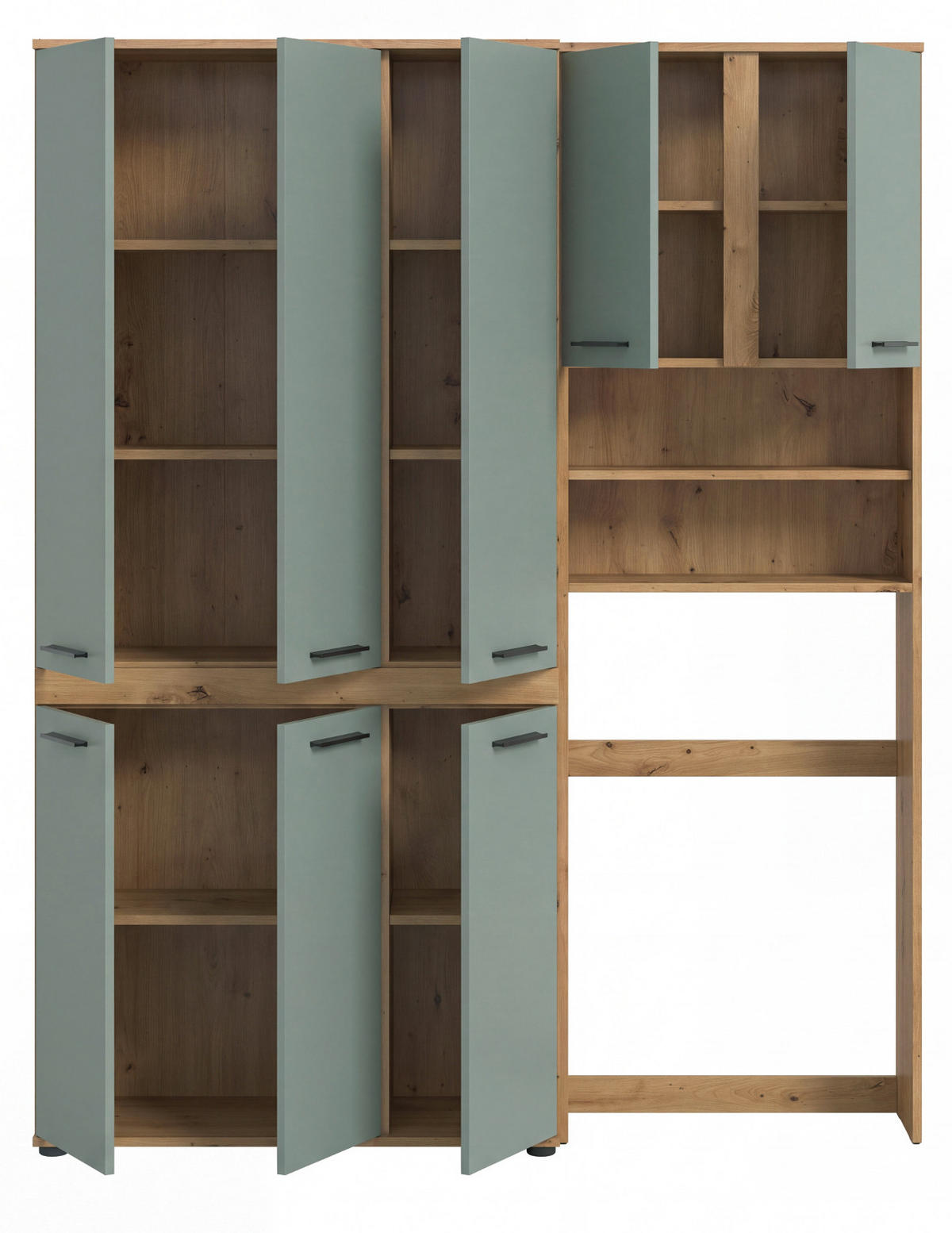 HOCHSCHRANK Set Salbei grün, Eiche Artisan 153 x 191 cm, Badschrank XXL - Salbeigrün/Schwarz, Holzwerkstoff/Kunststoff (153/191/31cm) - Inn.Furn