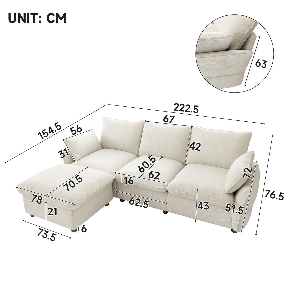 ECKSOFA mit Ottomane, Hocker und 2 Kissen aus Chenille in Beige - Beige, Textil (222.5/154.5cm) - EVRYAE