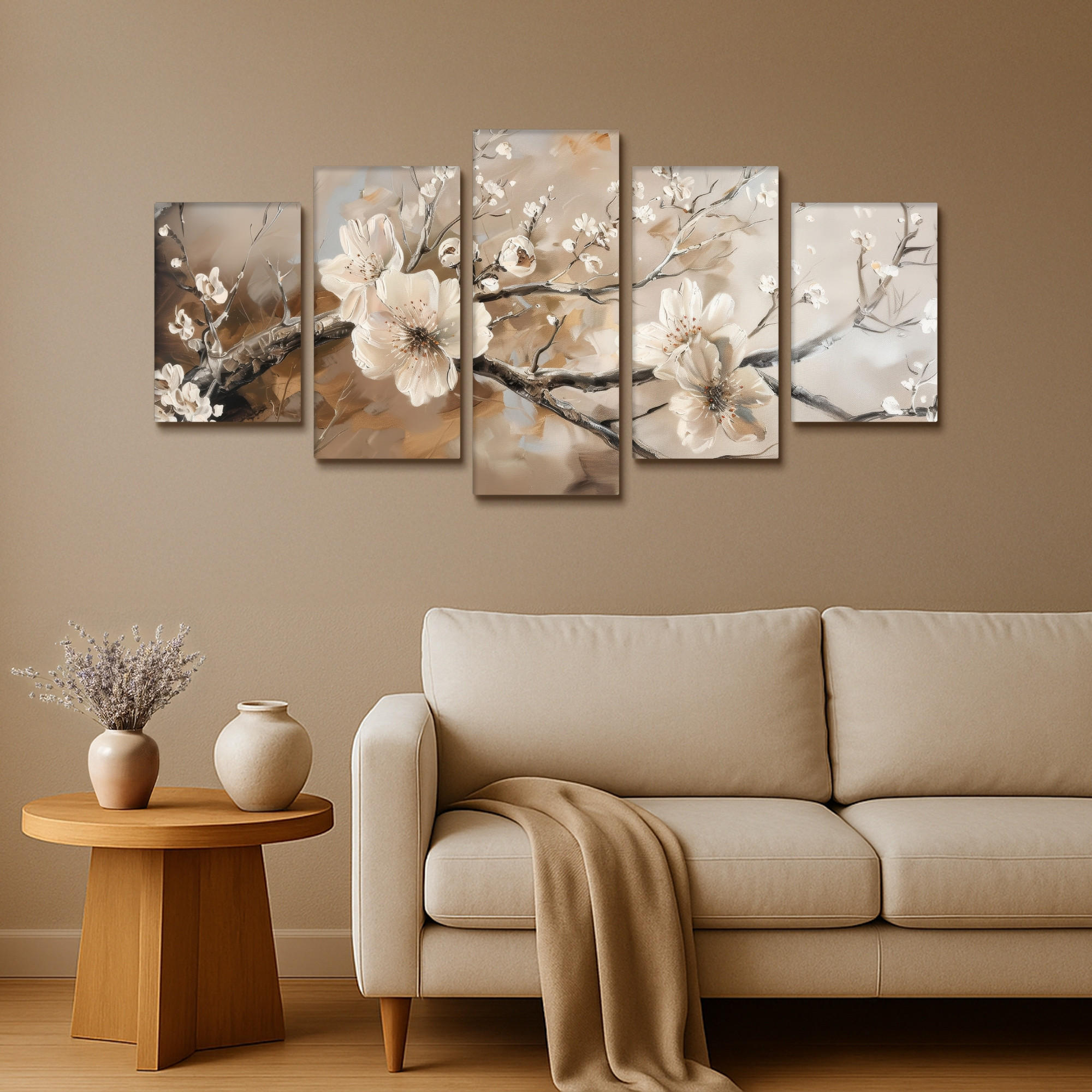 LEINWANDBILD 5er Set Blüte - Beige - Abstrakt - Blumen 100x50 cm - Hellbraun, Textil (100/50cm) - MuchoWow