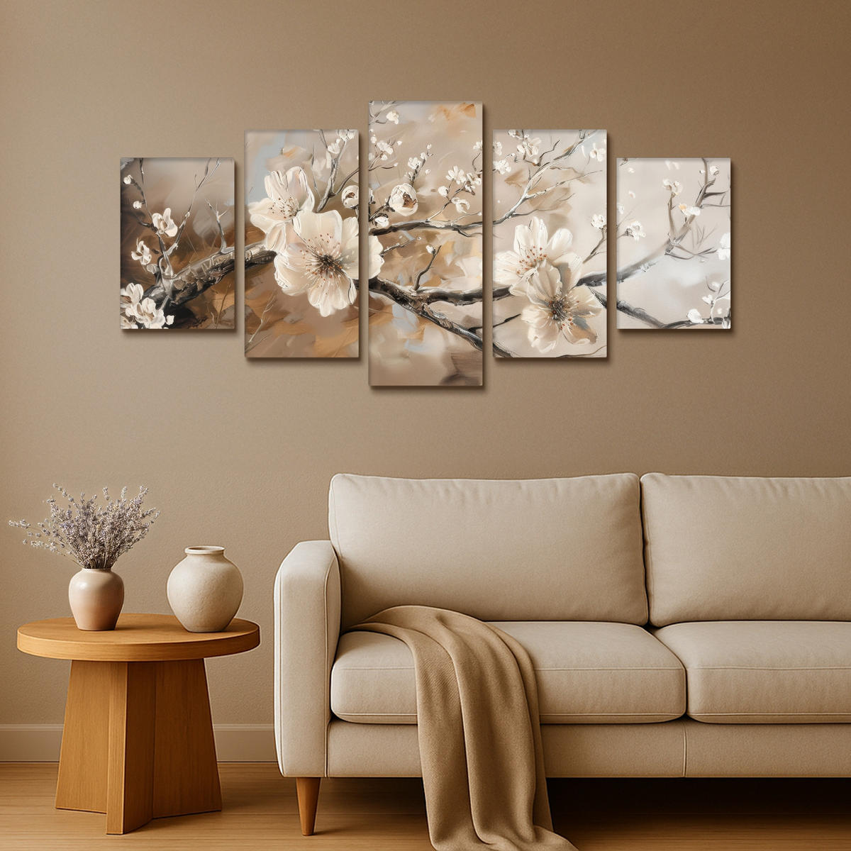 LEINWANDBILD 5er Set Blüte - Beige - Abstrakt - Blumen 100x50 cm - Hellbraun, Textil (100/50cm) - MuchoWow